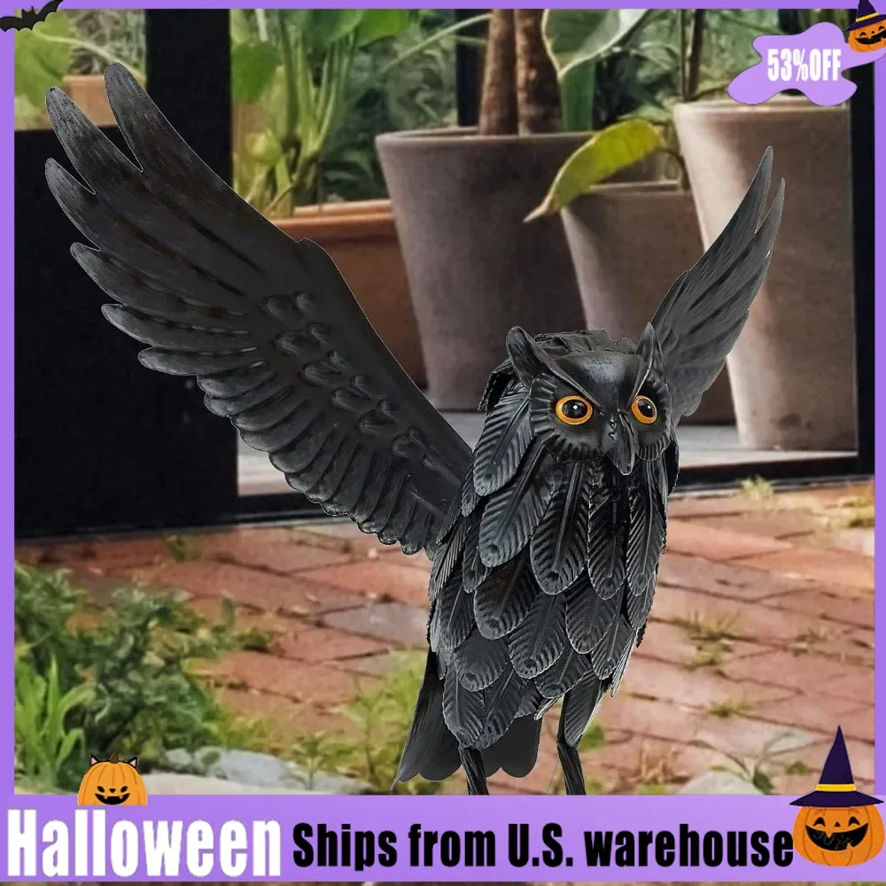 Statues Halloween Decoration,Solar Owl Decoy Sculptures   Standing Metal Owl deterrent to Scare Birds Squirrel Away for Outdoor