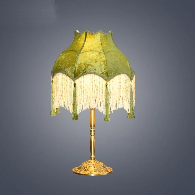 Grass Green Cloth Lampshade Floor Lamp Table Lamp Velvet Bead Chain Fringe Hanging Ear Study Living Room E27