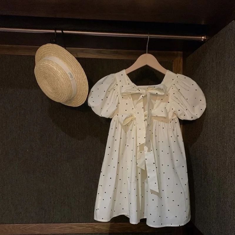 

Summer Baby and Girls Cotton Dots Printed Puff Short-Sleeved Lace Up Backless Dresses Kids Outfit Children Sweet Skirt 2-7 Yr