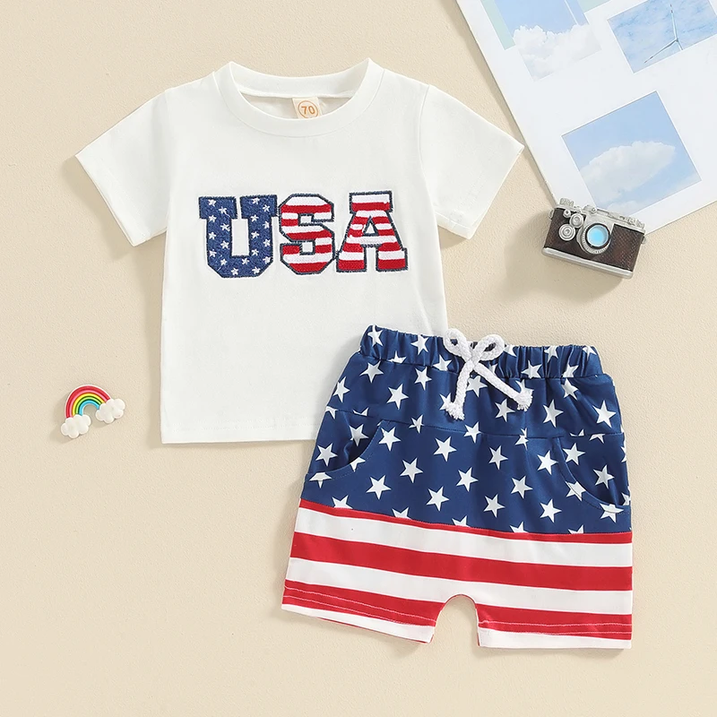 4th of July Baby Boy Outfits USA Embroidery Short Sleeve T-Shirt Top Stripe Star Shorts 2Pcs Fourth of July Clothes