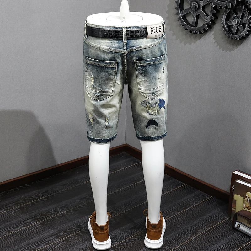 Retro Denim Shorts Men's Nostalgic Hole & Patch Fashion Individual Casual Stretch Slim Fit Summer Pirate Shorts