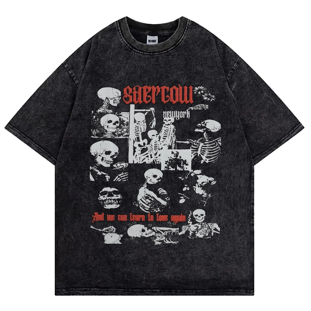 Men Washed Vintage Tshirt Black Streetwear Skull Graphic Print T Shirt Harajuku 100% Cotton Tshirt Summer Short-sleeved Tees