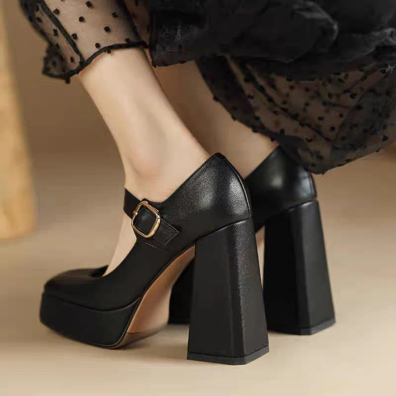 Mary Janes Vintage Black Sandals Woman Buckle Strap Non-Slip Casual High Heels Ladies Office Pumps Solid Elegant Party Shoes