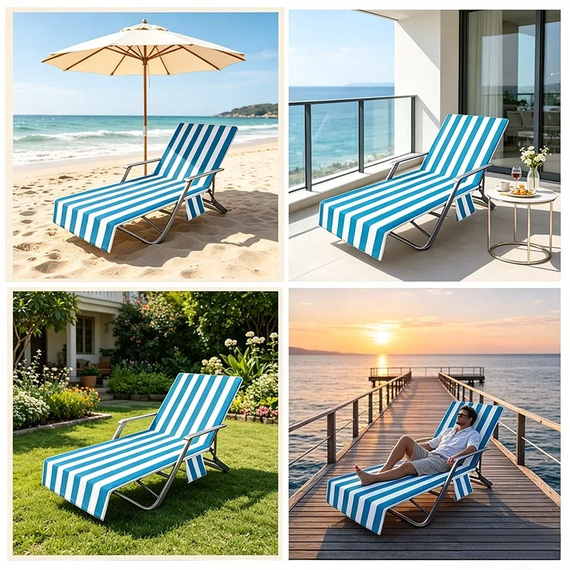 Portable & Foldable Chaise Lounge Cover-Striped Beach Towel with Side Pockets,Lightweight Pool & Garden Chair Protector 비치 의자 커버