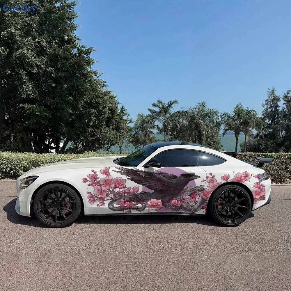 2pcs Cherry Blossom Crow Snake Car Side Wraps, Self-Adhesive PVC Waterproof & Scratch-Resistant Stickers, Car Accessory Gift