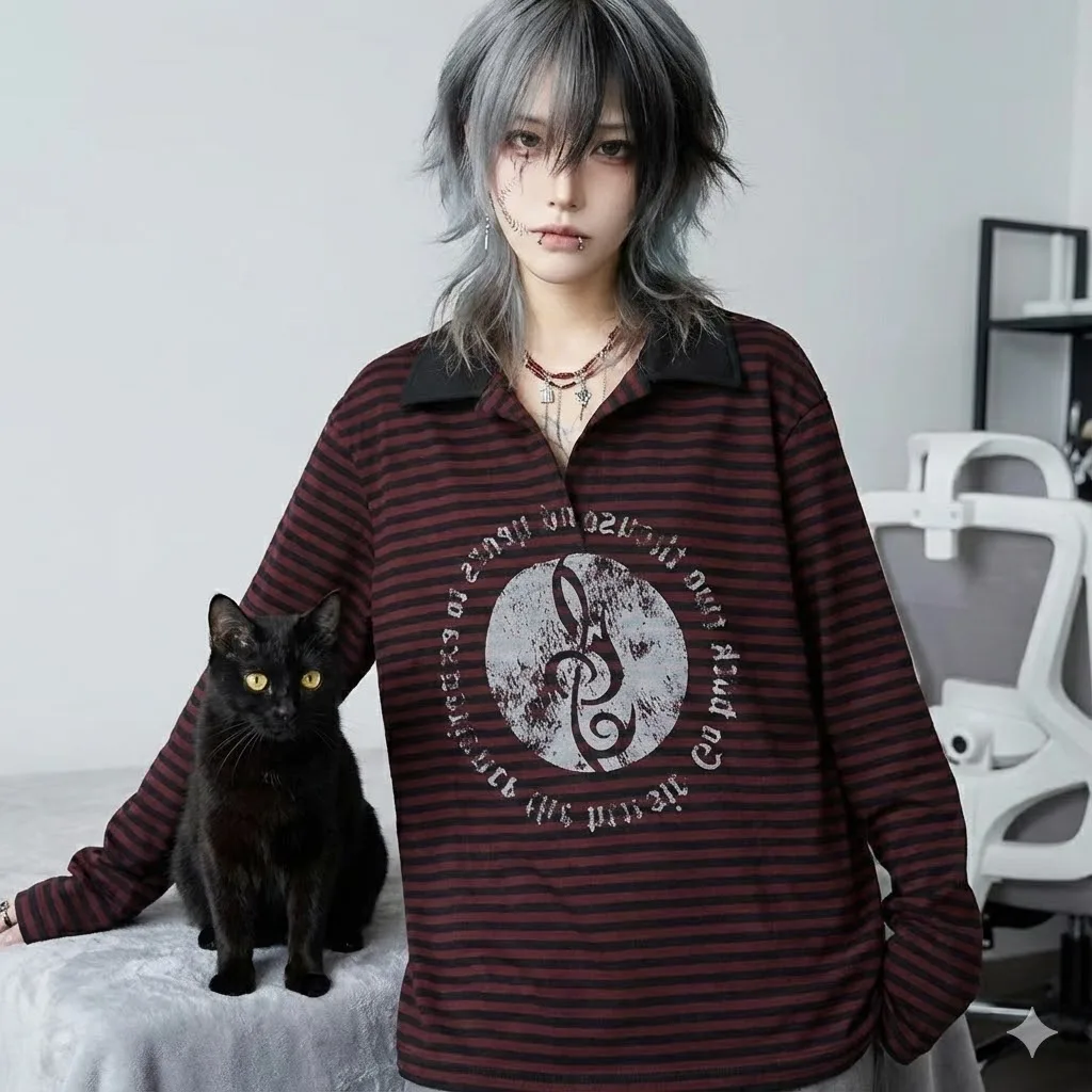 Y2K Subculture Long-Sleeve T-Shirt Stripe Print Music Note Pattern Gothic Y2K Harajuku Fashion Grunge Style Top Women Clothing