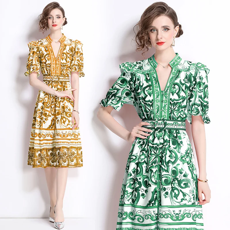 New Fashion Runway Summer Yellow Green And White Porcelain Print Holiday Midi Dress For Women's V Neck Puff Sleeve Belt Clothes