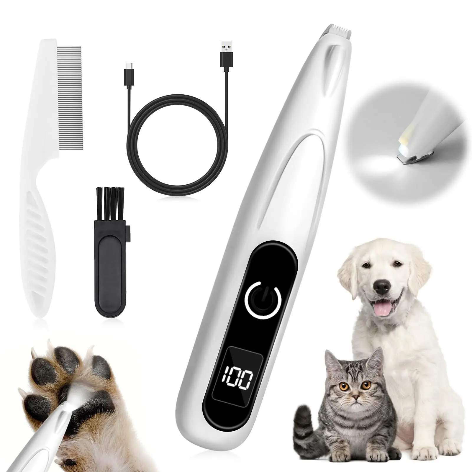 Tondeuse à poils pour animaux de compagnie avec écran LED, lames en céramique et en acier inoxydable à très faible bruit, tondeuse électrique rechargeable par USB pour couper la fourrure des chiens et des chats