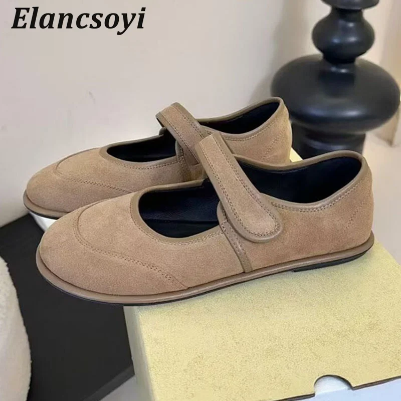 Mary Jane Shoes Women's Suede Round Toe One Word Strap Flat Shoes Spring Autumn Comfort Soft Sole Ballet Shoes Single Shoes