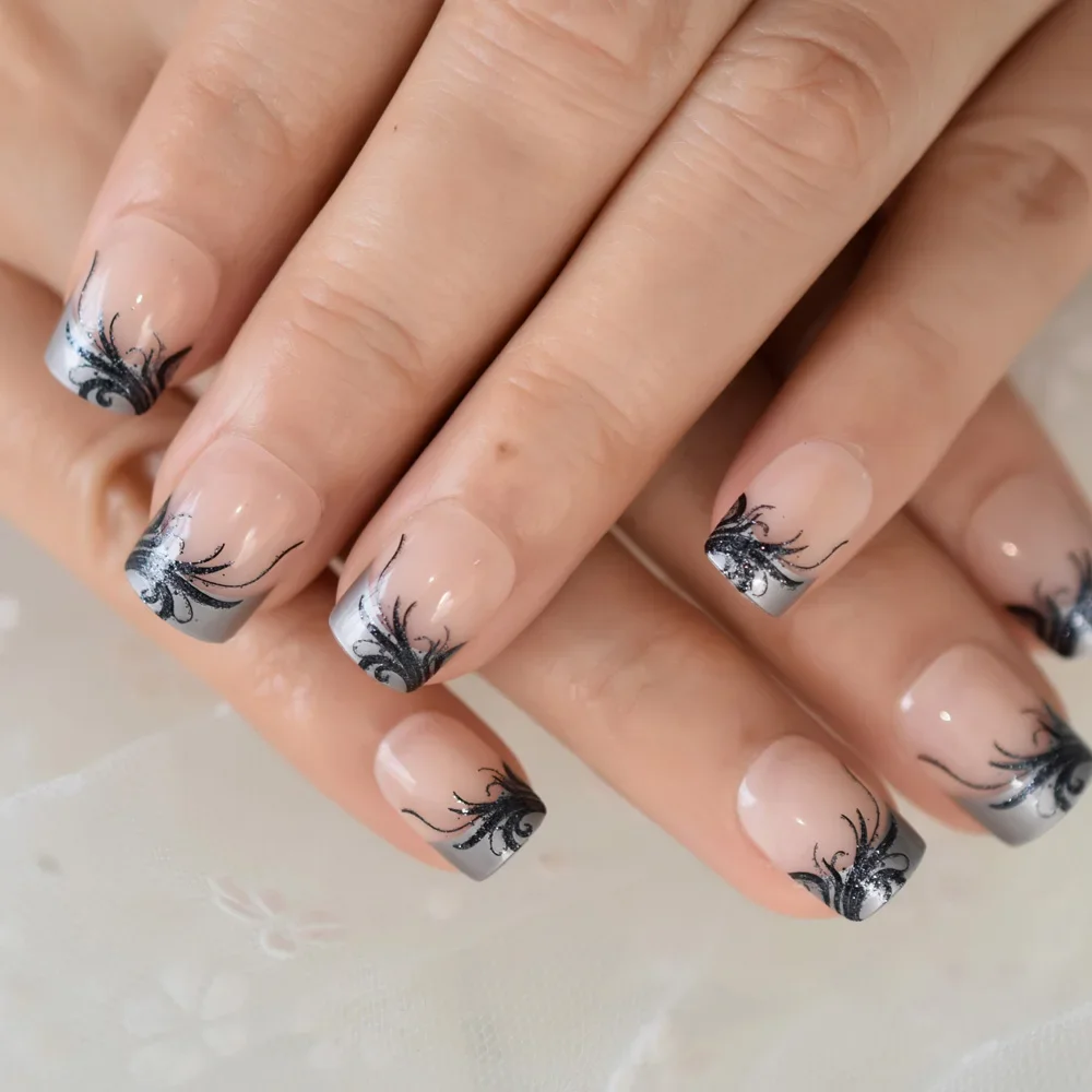 Square Short French Fake Nails with Flower Pattern Decoration