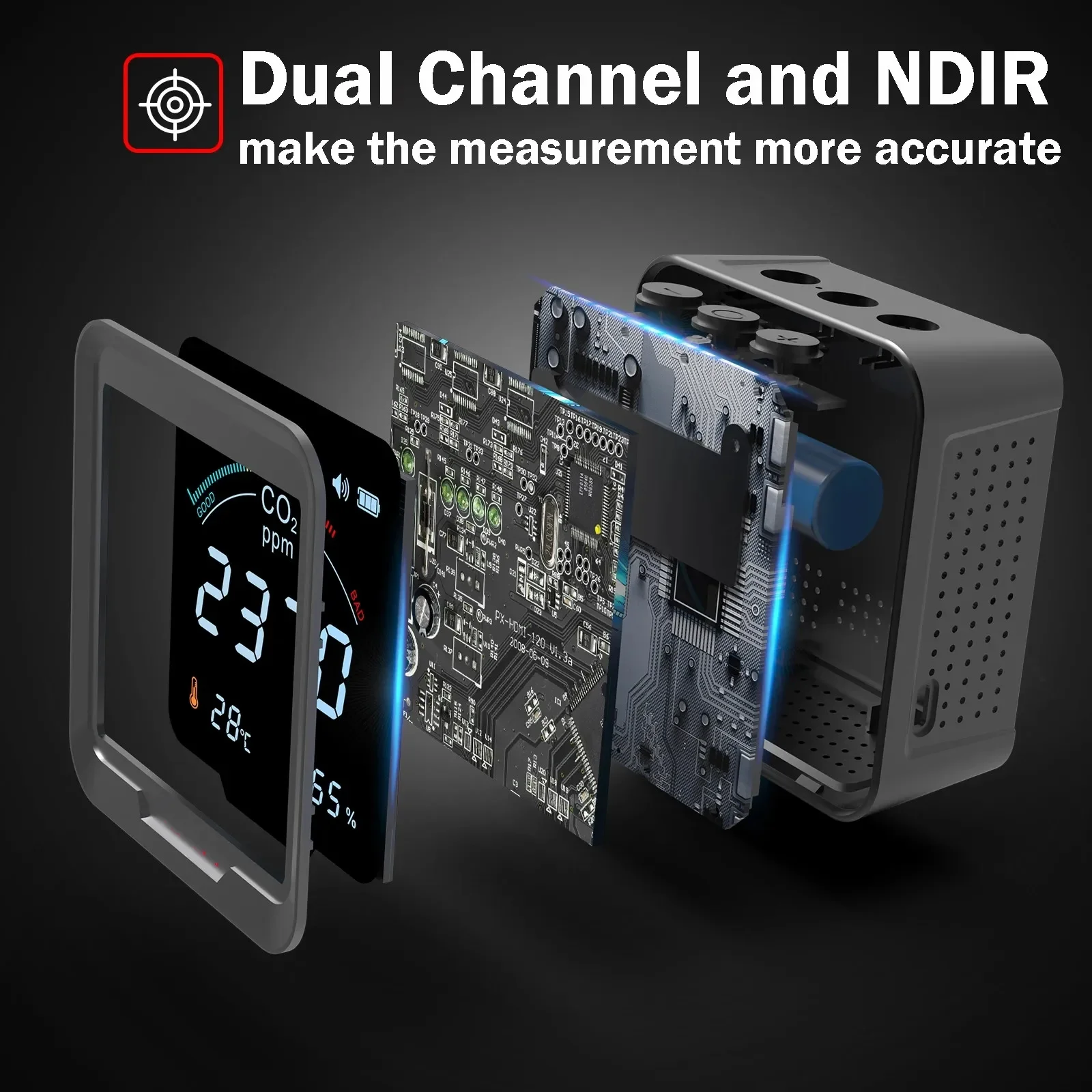 Imagem -03 - Detector de Co2 Interior com Detecção de Temperatura e Umidade Monitor de Qualidade do ar Ndir Infravermelho Medidor de Dióxido de Carbono Co2 Meter 3in 1