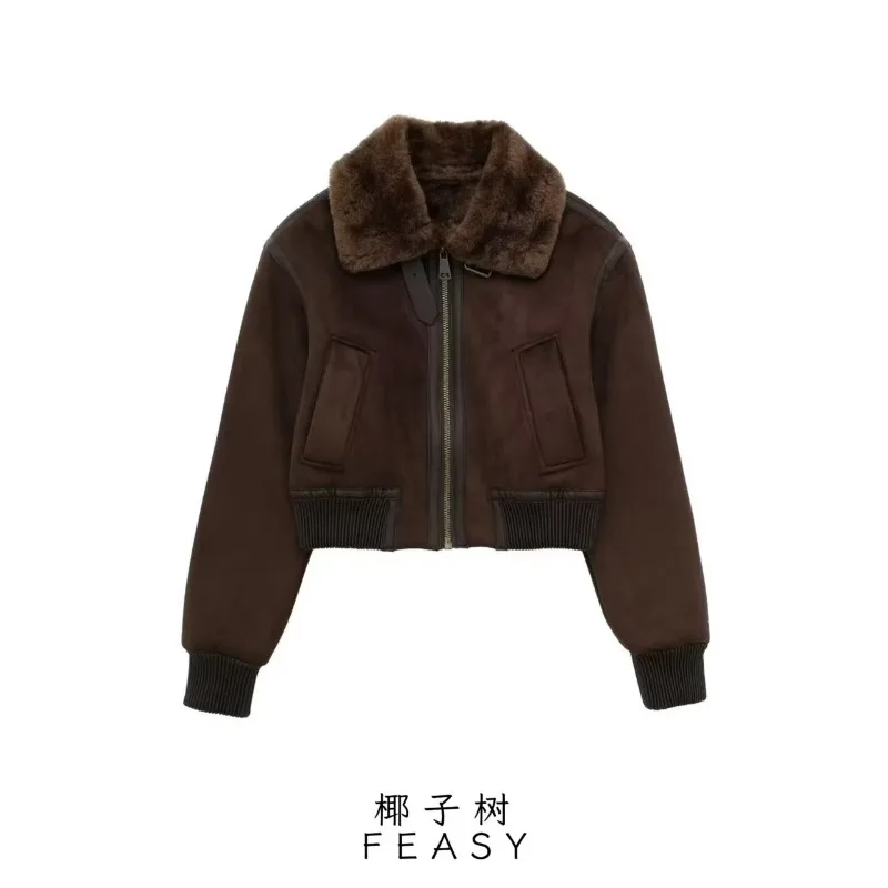 Womens Faux Fur Collar Vintage Solid Color Cropped Waist Cinched Reversible Jacket Coat Fall Winter New Trendy Chic Outerwear