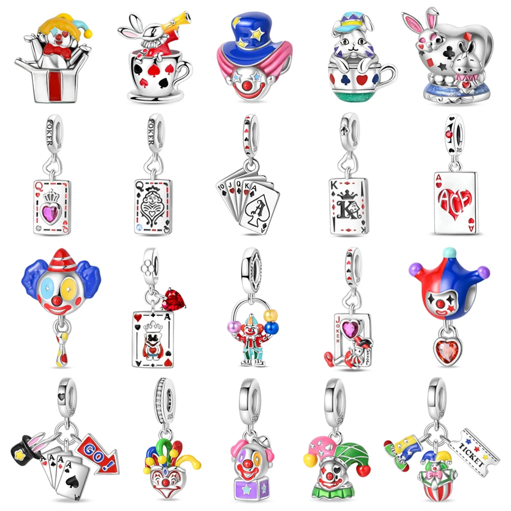 Classic 925 Sterling Silver Teacup Bunny Beads & Playing Card Joker Dangle Charm Fits Bracelet Delicate Colorful Jewelry Gifts