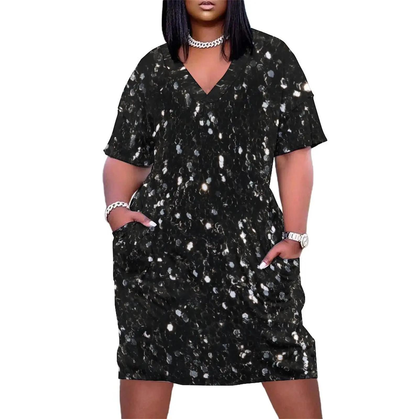 

Black and white shiny faux glitter sparkles (Photo of Glitter - Not Reflective) Loose Pocket Dress Women"s dresses