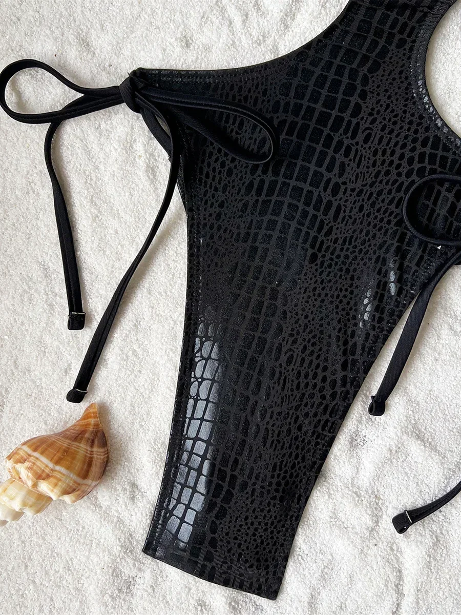 Snake Skin High Leg Cut Women Swimwear One Piece Swimsuit Female Hollow Out Monokini Cross Backless Bathing Suit Swim Beach Wear