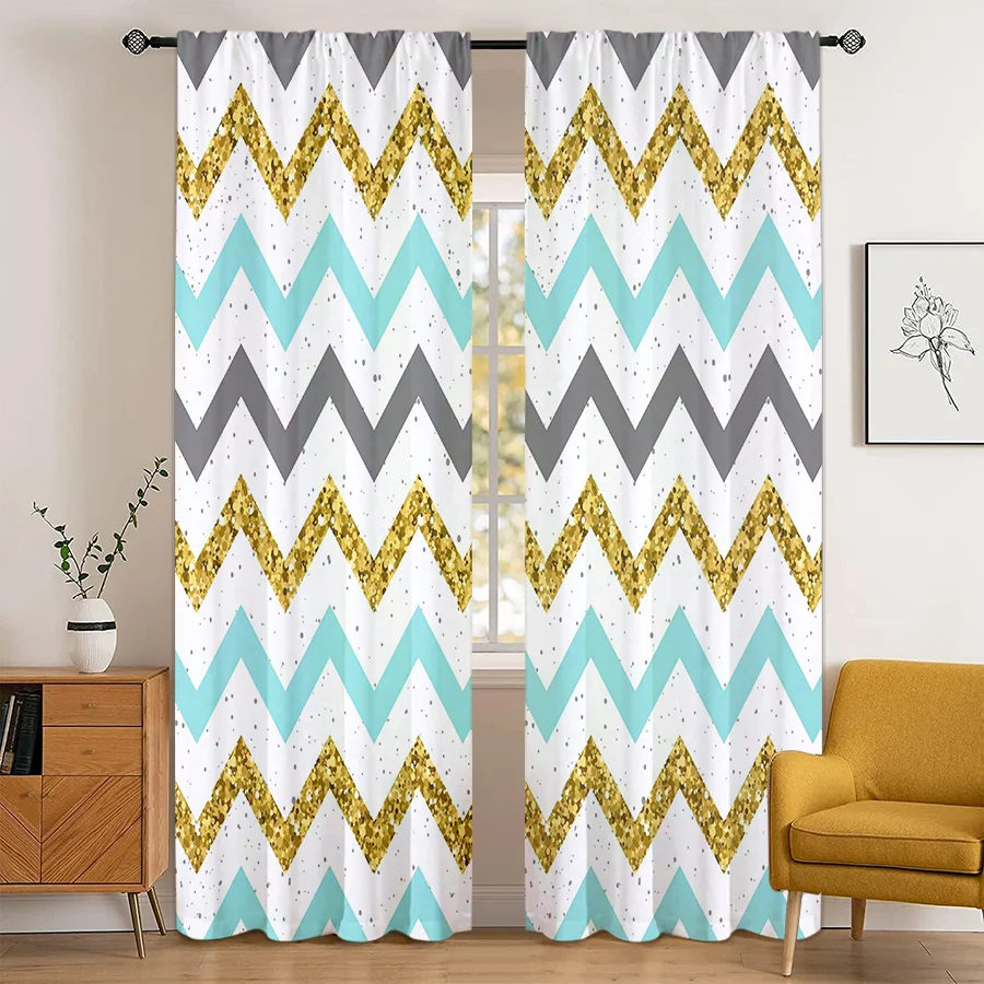 2PCS Digital Print Curtain, Gold Glitter Chevron with Mint Green Gray, Modern Luxury Style for Living Room Bedroom Decor