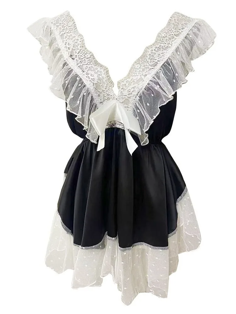 Vestido picante menina estilo fada sexy com decote em v malha sem costas, plissado cintura magro a linha vestido fofo elegante moda feminina topos 063f