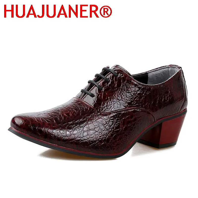 New Luxury Men Dress Wedding Shoes Crocodile Leather 6cm High Heels Fashion Pointed Toe Heighten Oxford Shoes Party Prom Shoe