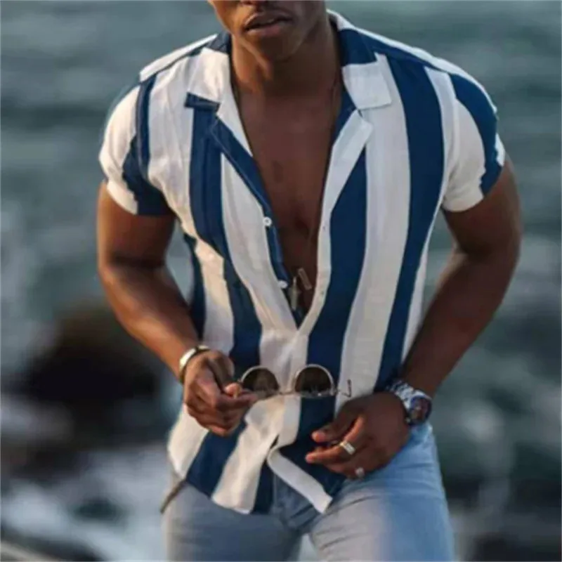 Men's Spring/Summer Casual Fashion Round-neck Short-Sleeve Blazer with Personalized Stripes Print Shirt