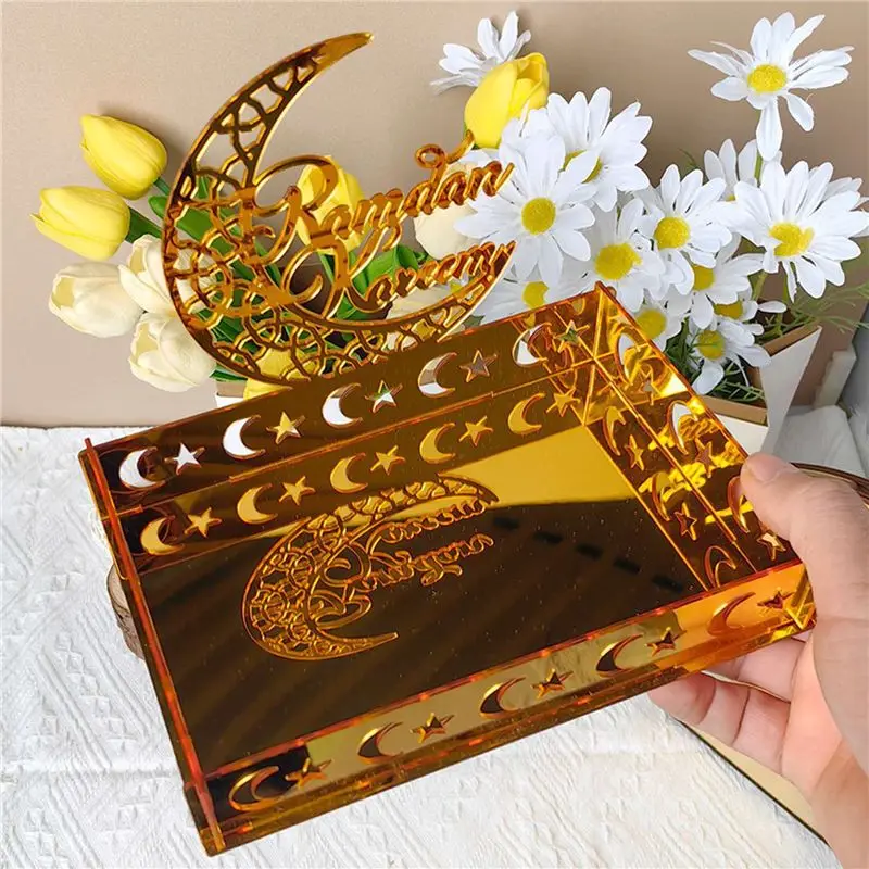 AT21-2X Acrylic Eid Mubarak Food Tray Ramadan Kareem Dessert Fruit Plate Moon Star Castle Islamic Muslim B