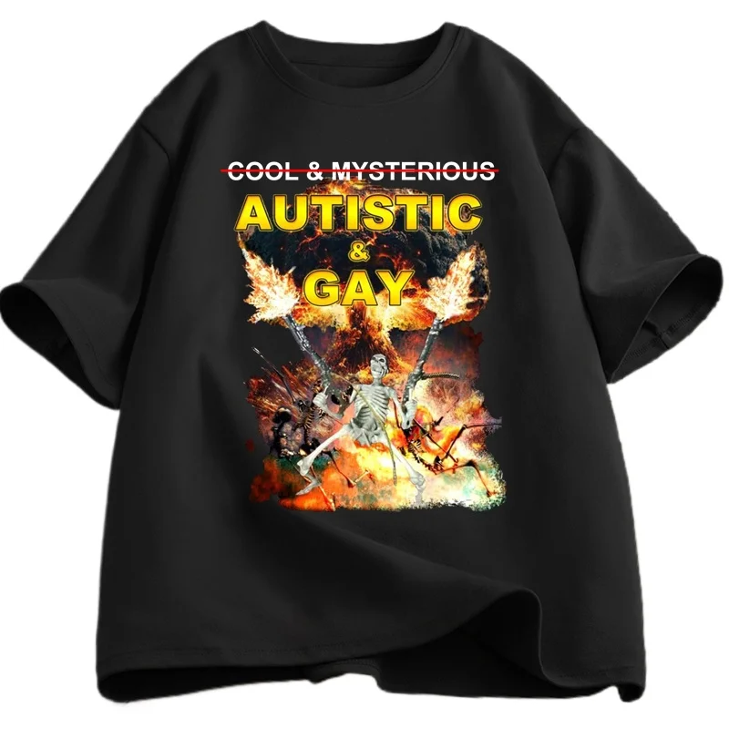 Autistic and Gay Skeleton Explosion T-Shirt Unhinged Graphic T Shirts Cursed Skeleton Autism Meme Men Women Tees Clothes Summer