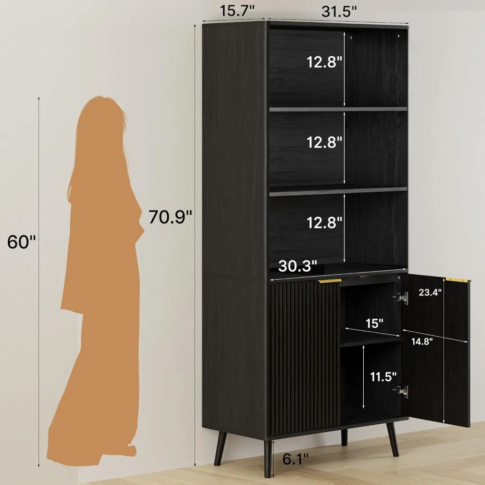 Bibliothèque haute à 5 niveaux avec portes cannelées, étagères réglables, armoire de rangement en bois pour le bureau et la maison