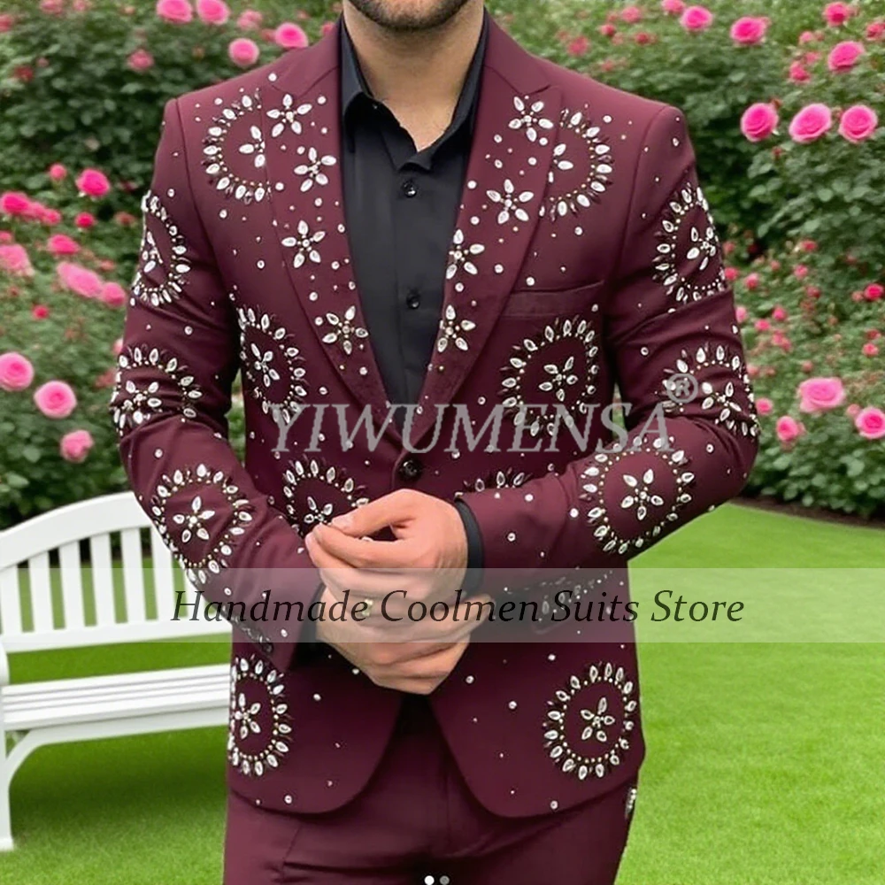 

Luxury Beaded Stones Suits Men 2 Pieces Sets Single Breasted Groom Tuxedos For Wedding Customized Male Fashion Prom Party Blazer