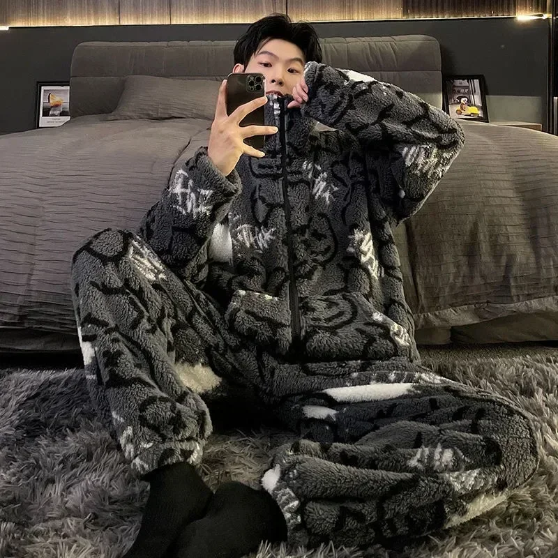 

Coral Velvet Pajamas Men Winter Loungewear Suit Plush Thickened Sleepwear Warm Printing Casual Male Home Clothing Set Pijamas