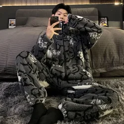 Coral Velvet Pajamas Men Winter Loungewear Suit Plush Thickened Sleepwear Warm Printing Casual Male Home Clothing Set Pijamas