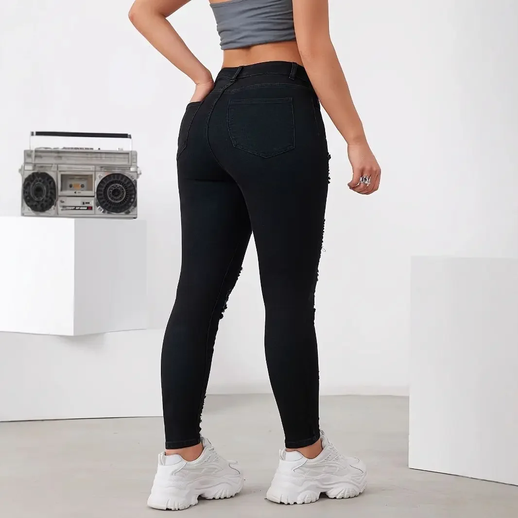 トレンディなY2Kハイウエストストレッチスキニージーンズ カラフルなダメージ加工パンツ レディース アメリカンスタイル