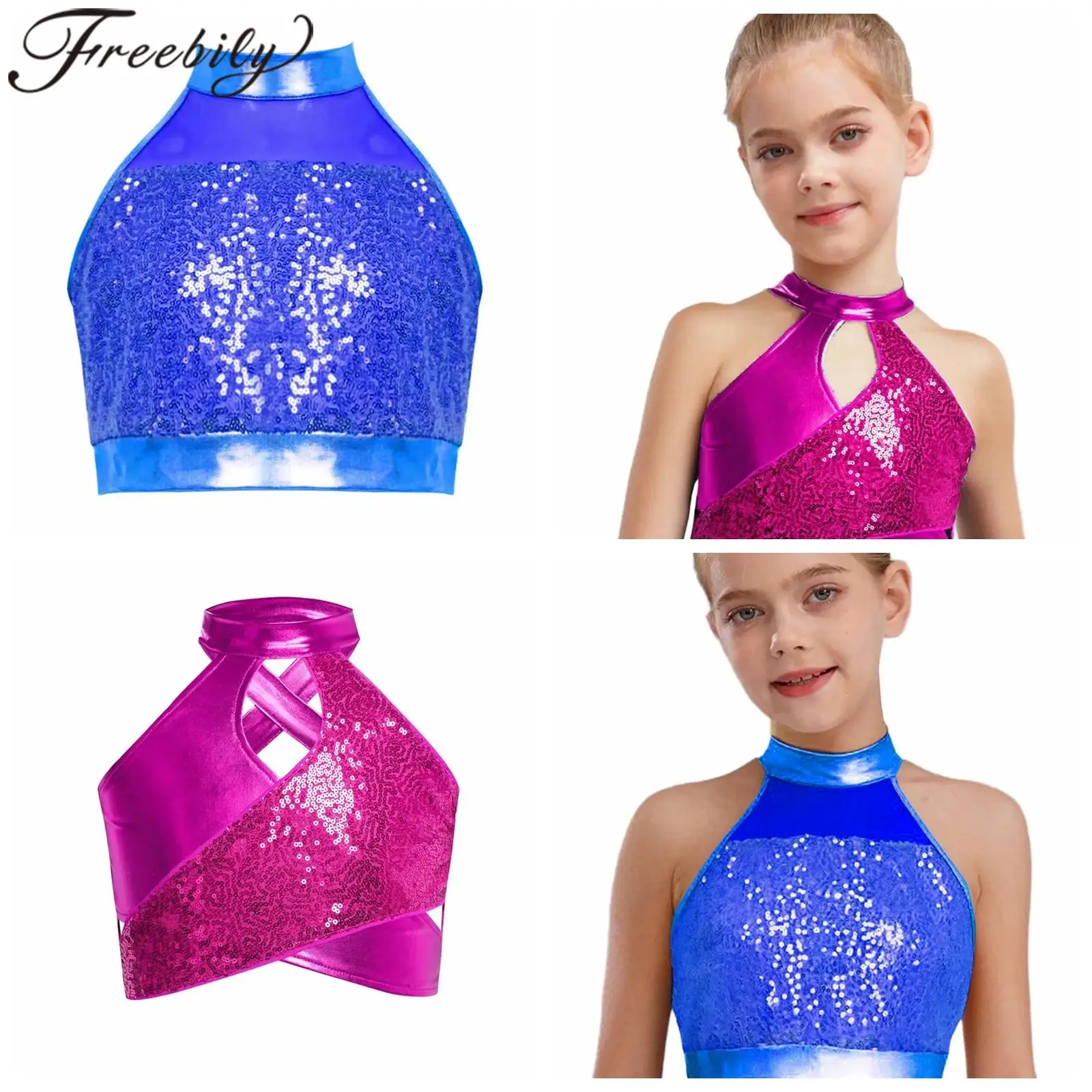 

Kids Sequins Crop Top Girls Disco Outfit Fashion Children's Top Hip Hop Jazz Dance Costume Tank Tops Stage Performance Dancewear