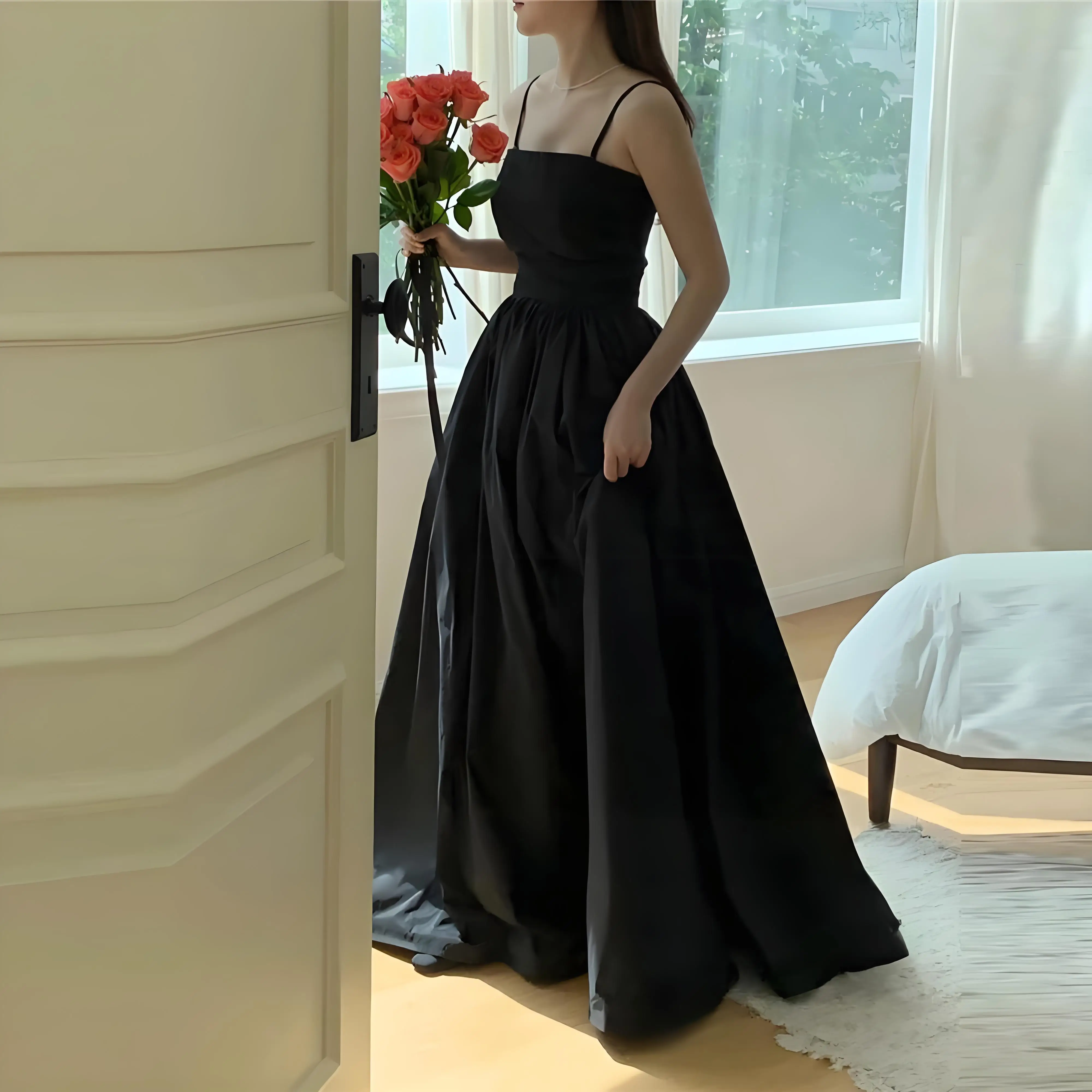 

Beshinel Customized Black Spaghetti Straps Evening Dresses Luxury Elegant Sleeveless Lace Up Prom Gowns Wedding Party Vestidos