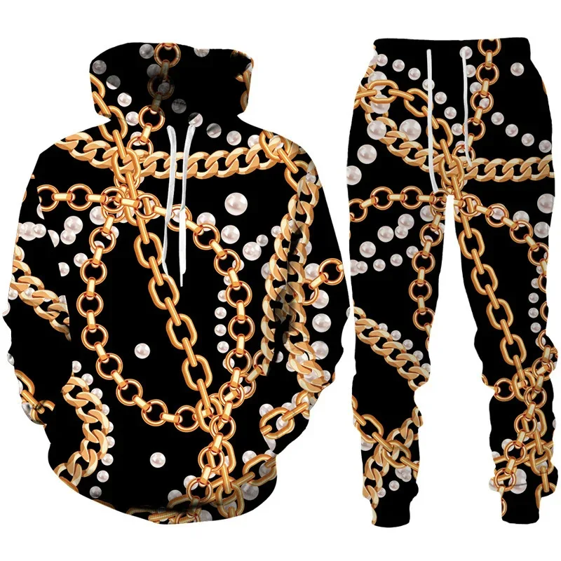 3D Luxury Golden Chain Leopard Print Men\'s Hoodie Suit Casual Unisex Sportswear Pants 2pcs Sets Fashion Hooded Sweatshirt Outfit