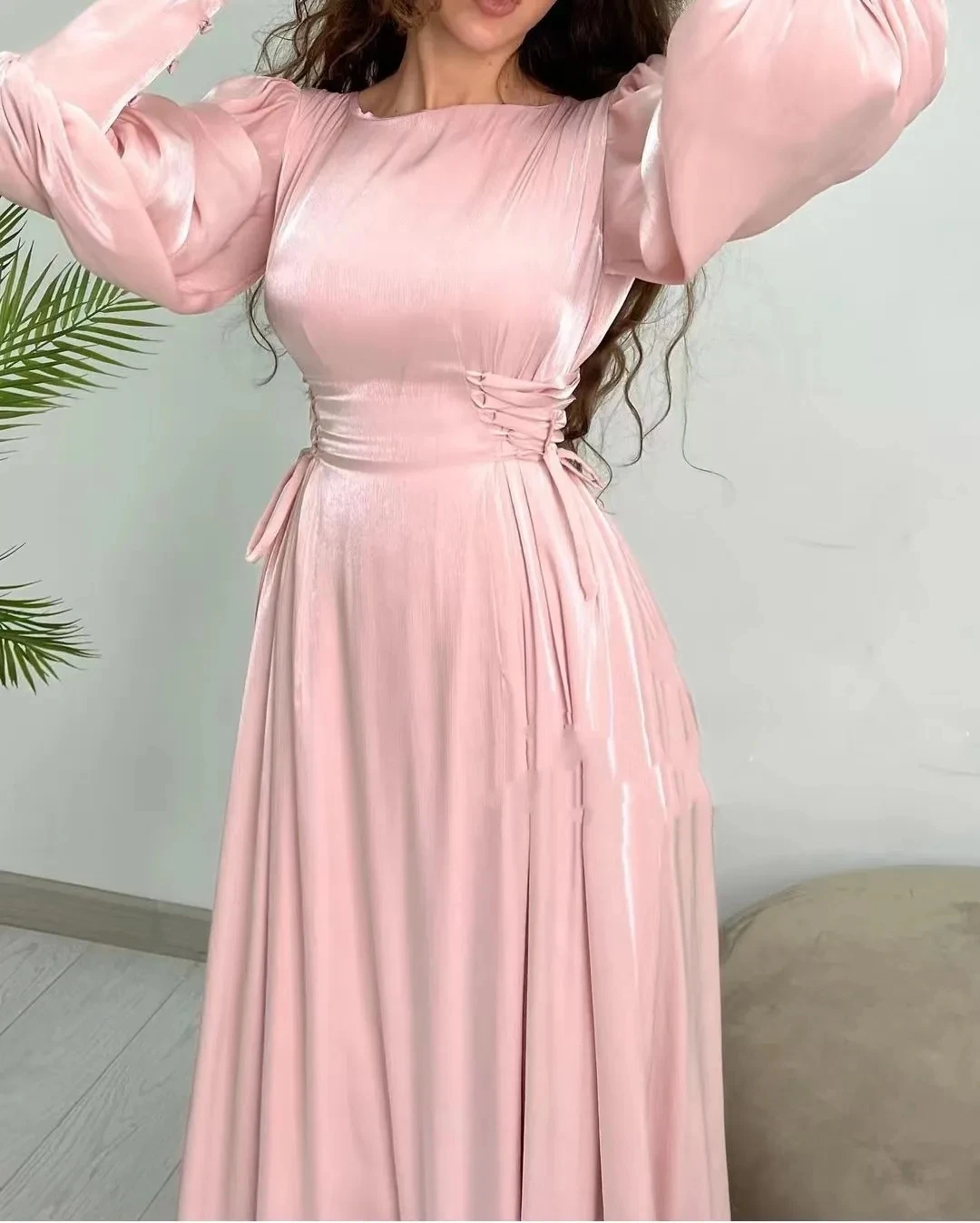 Flora Dress Pink Chiffon Muslim A Line Evening Dress O-Neck Long Sleeves Arabic Pleated Prom Party Gown Vestidos De Noche