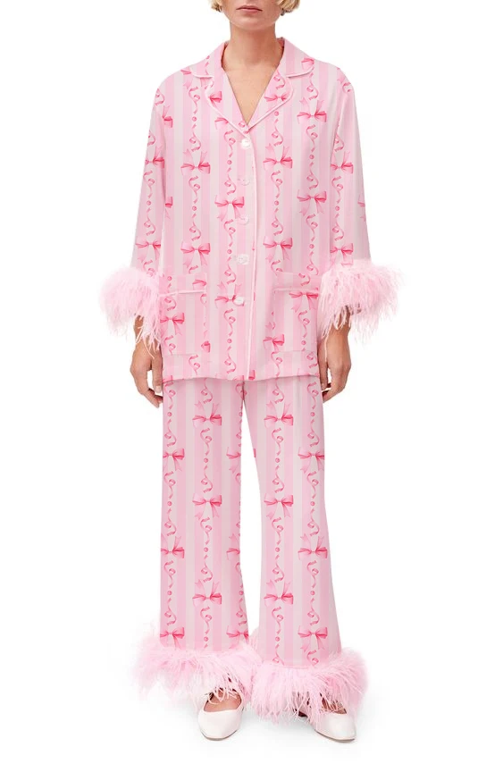 Women 2 Piece Pajamas Set Lip/Bow Print Feather Cuffs Button Shirt and Elastic Pants for Loungewear Soft Sleepwear