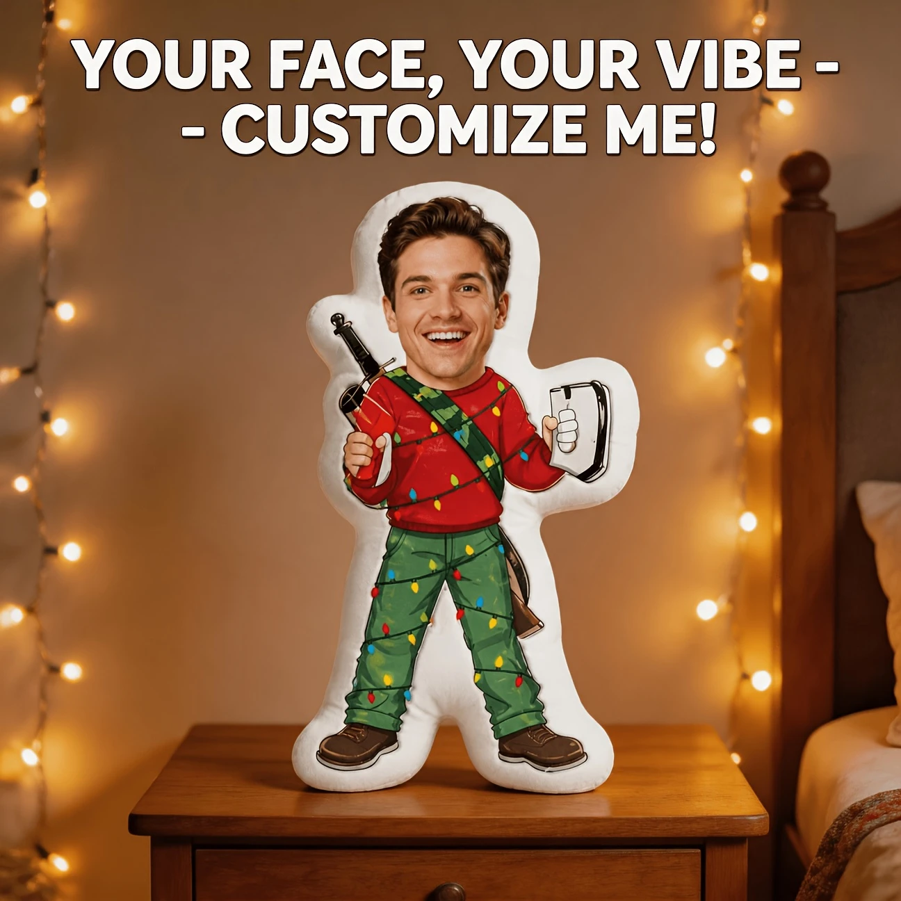 Custom Photo Shaped Pillow, Funny Christmas Lights Outfit And Smiling Face Custom Picture Decorative Cushion, Unique Home Decor