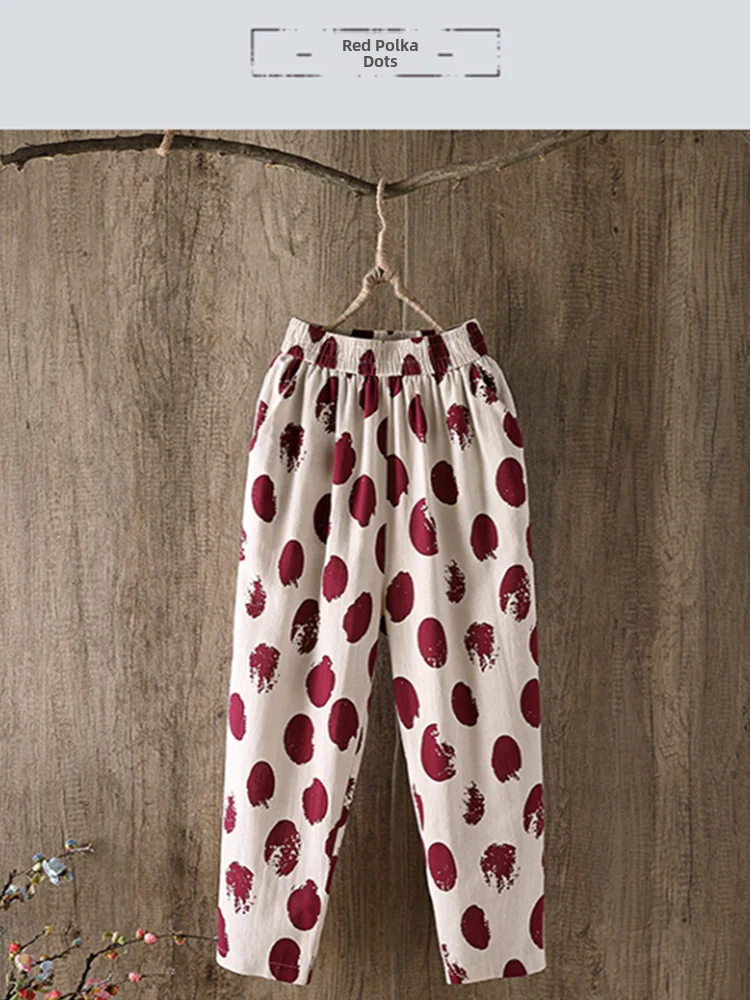 مزيج القطن المطبوعة الحريم السراويل النسائية تسعة قطع رقيقة أمي السراويل الصيف عارضة عالية الخصر فضفاضة تناسب الكورية Sle #5