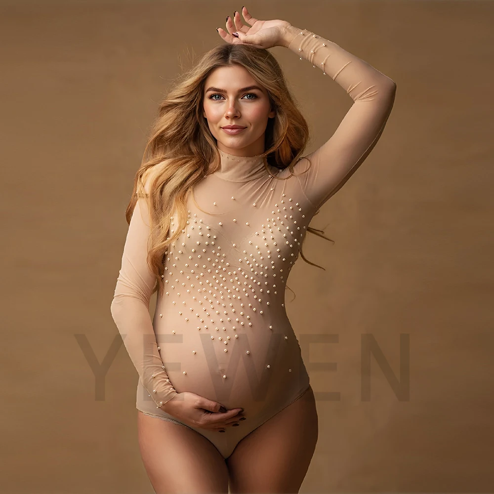 High Neck Stretchy Maternity Bodysuit Photography Props Pregnancy Woman Party Nude Slim Beading Top Pregnant Photo Shoot Session