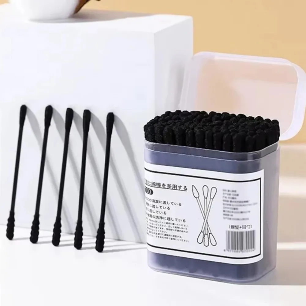 100 قطعة مسحات قطنية سوداء جديدة للاستعمال مرة واحدة شكل حلزوني تنظيف ناعم برعم قطن برأسين Q-Tip الحياة اليومية