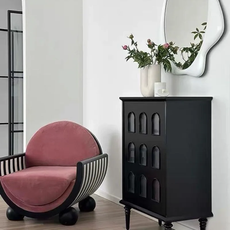 High-grade black retro display cabinet, French solid wood dining side cabinet, living room single door removable side cabinet