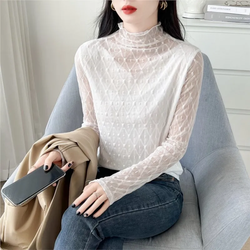 Sexy Transparent Long Sleeve Top Women 2023 Fashion Autumn Winter Basic Lace Blouses White Hollow Blusas Mujer Blouses NS5795