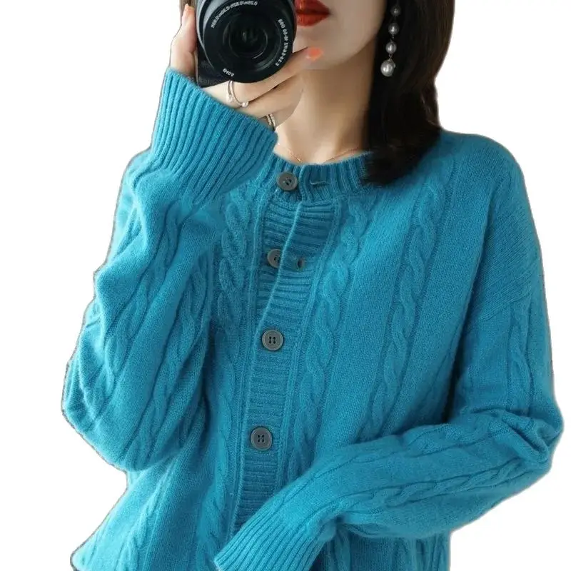 

Knitted Cardigan Sweater Women's Sweater 2022 Spring Autumn New Round-Neck Knit Jacket Tops Twist Thin Loose Base Coat Female