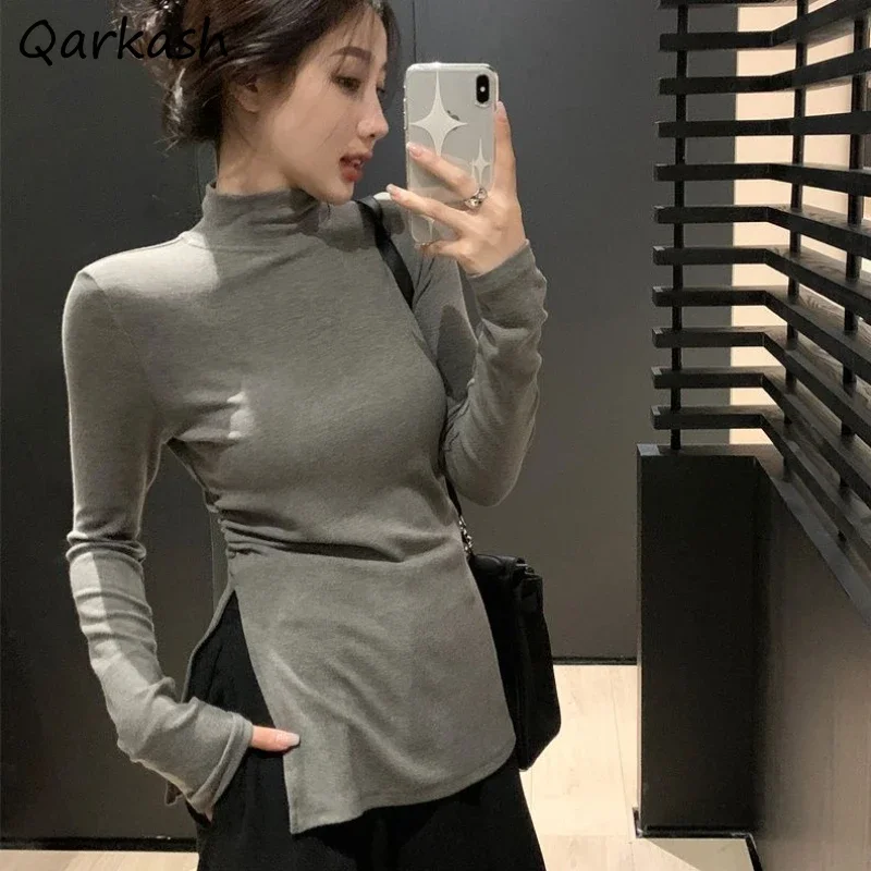 Long Sleeve T-shirts Women Slim Mock-neck Ladies Elegant Streetwear Basic Simple Side-Slit Defined Waist Fashion Underlay Tshirt