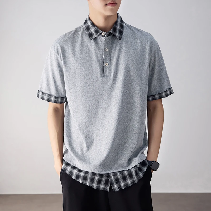 Men Summer Fashion Plaid Splice Loose Casual Short Sleeve Plus Size Polo Shirt Campus Boys Vintage T-shirt Tops Tshirt