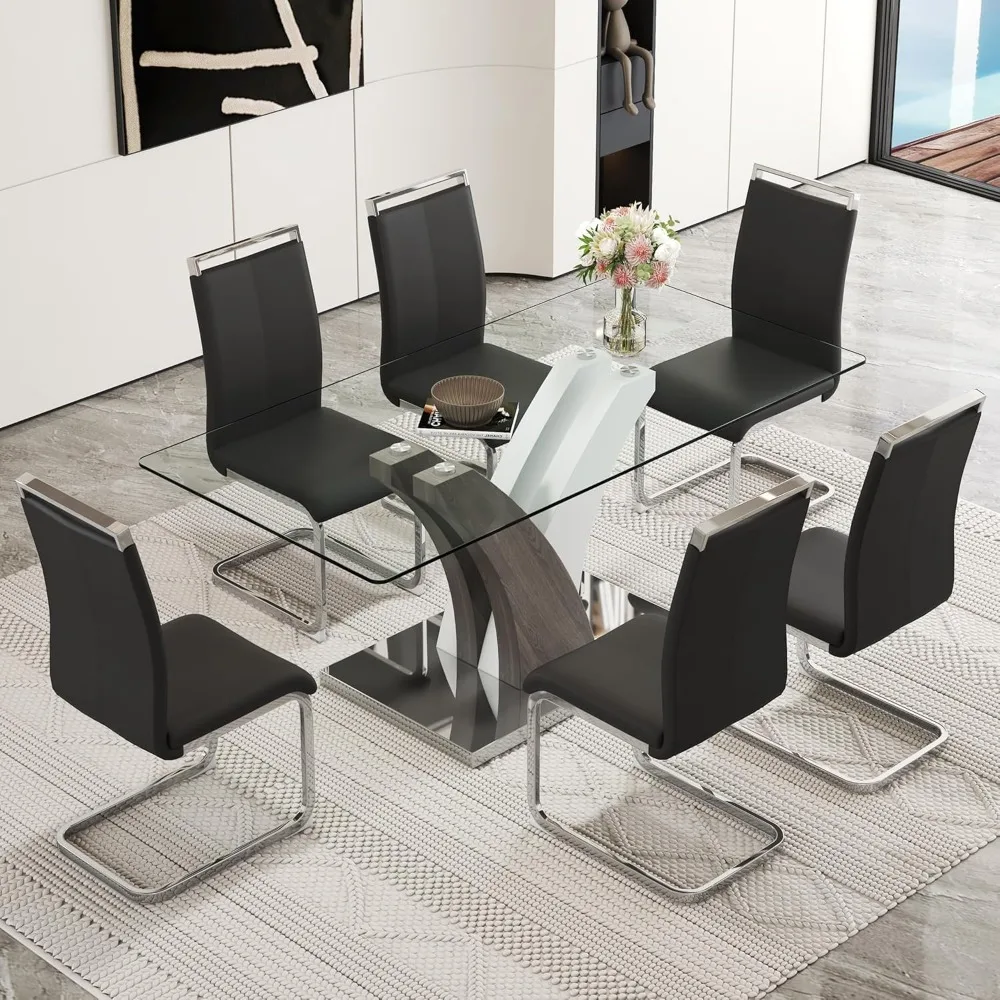 7-piece Glass Dining Table Set, Kitchen Table & 6 PU Leather Chairs, Tables with Tempered Glass Top & MDF Legs, Dining Table Set