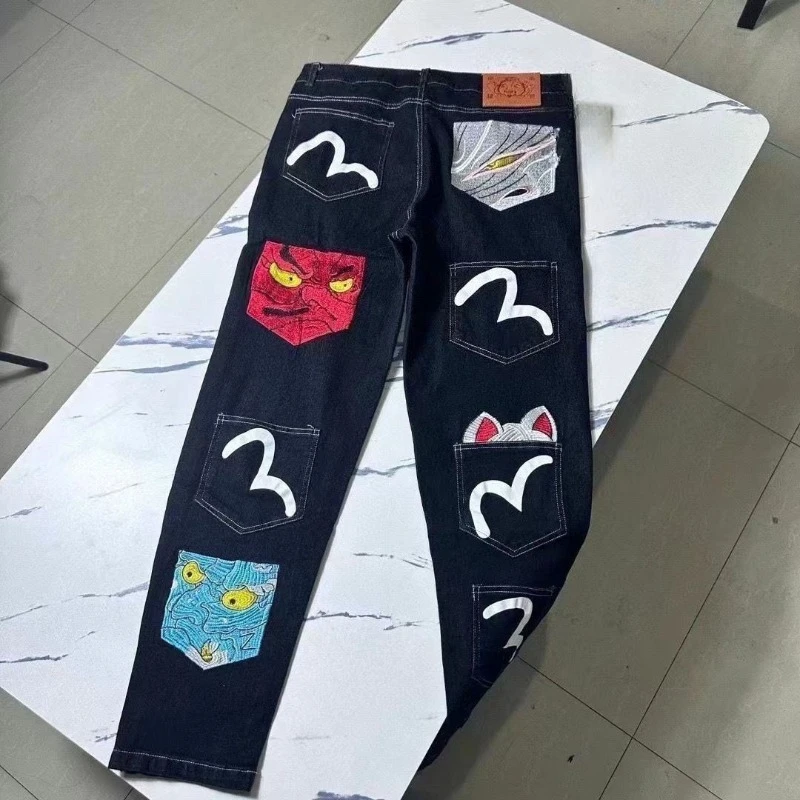 Mens Jeans Harajuku Fortune God Print Multi Pocket Denim Pants New Workwear Cargo Trousers Casual Streetwear Fashion Autumn New view 3