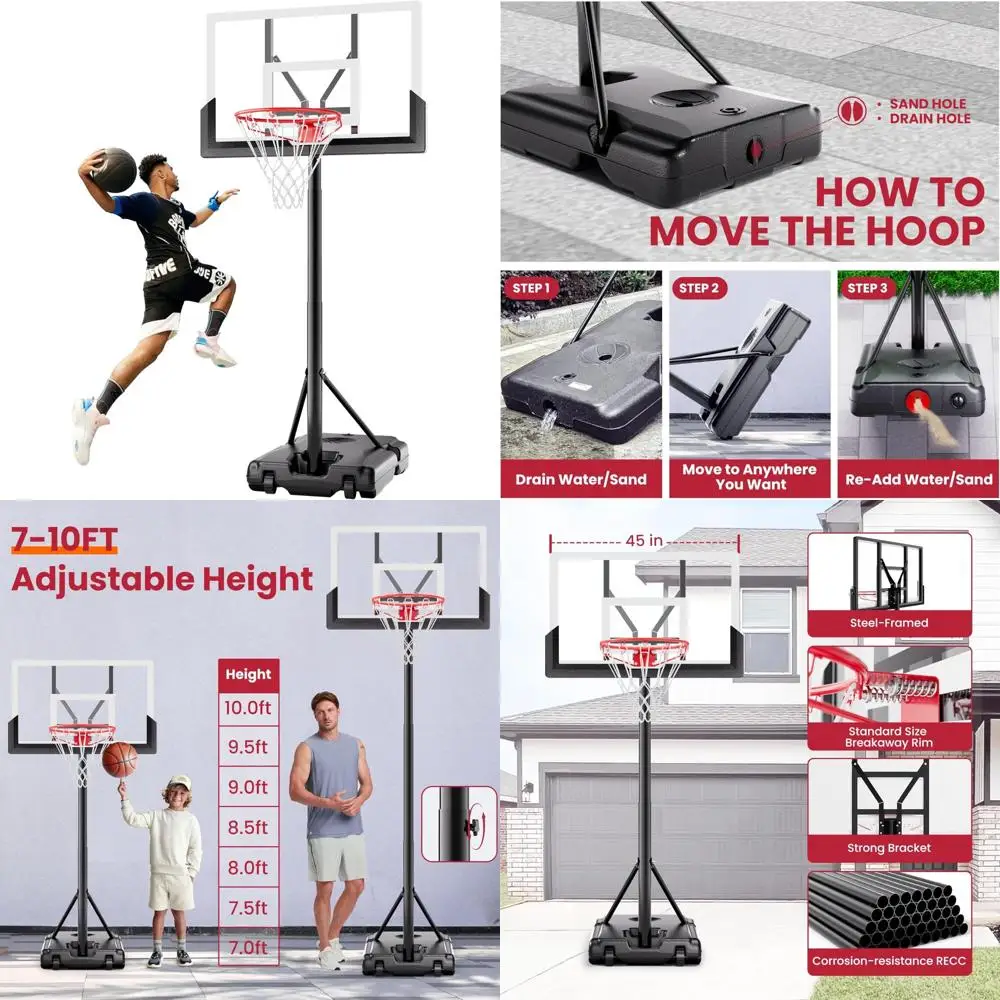 

Portable Adjustable Height Basketball Hoop System - Heavy-Duty Steel Frame for Outdoor and Indoor Use, 45 Inch Rim