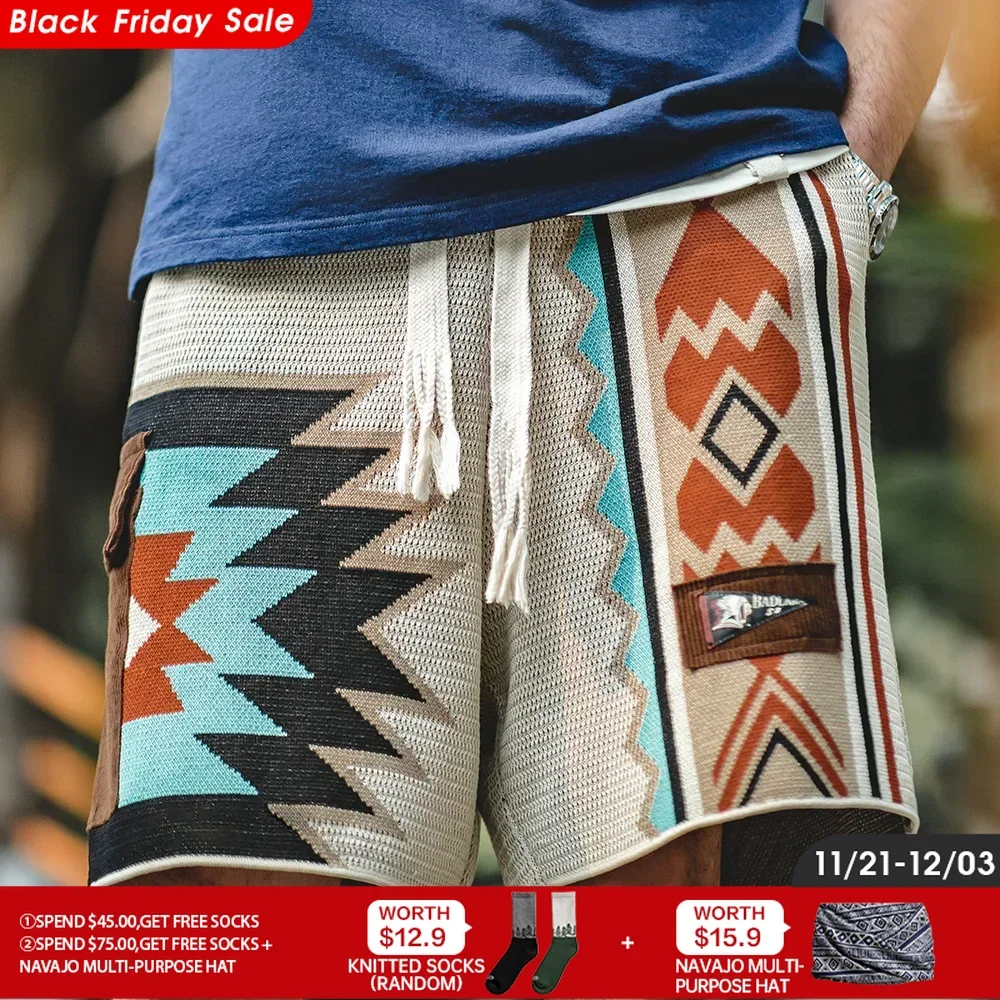 Maden Vintage Navajo Men's Knitted Shorts Casual Embroidered Geometric Beach Shorts Drawstring Elastic Waist Knee Length Pants