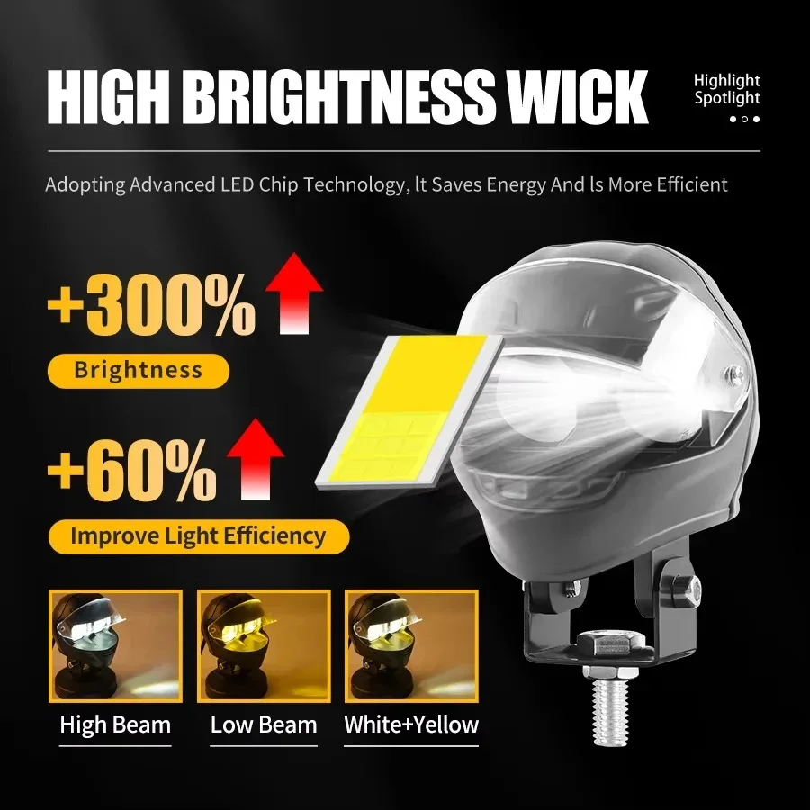 1PCS Motorcycle Car LED Headlight Modified Light Helmet Spotlights Dual Eye White Yellow 12V Electric Vehicle Truck Motorbike