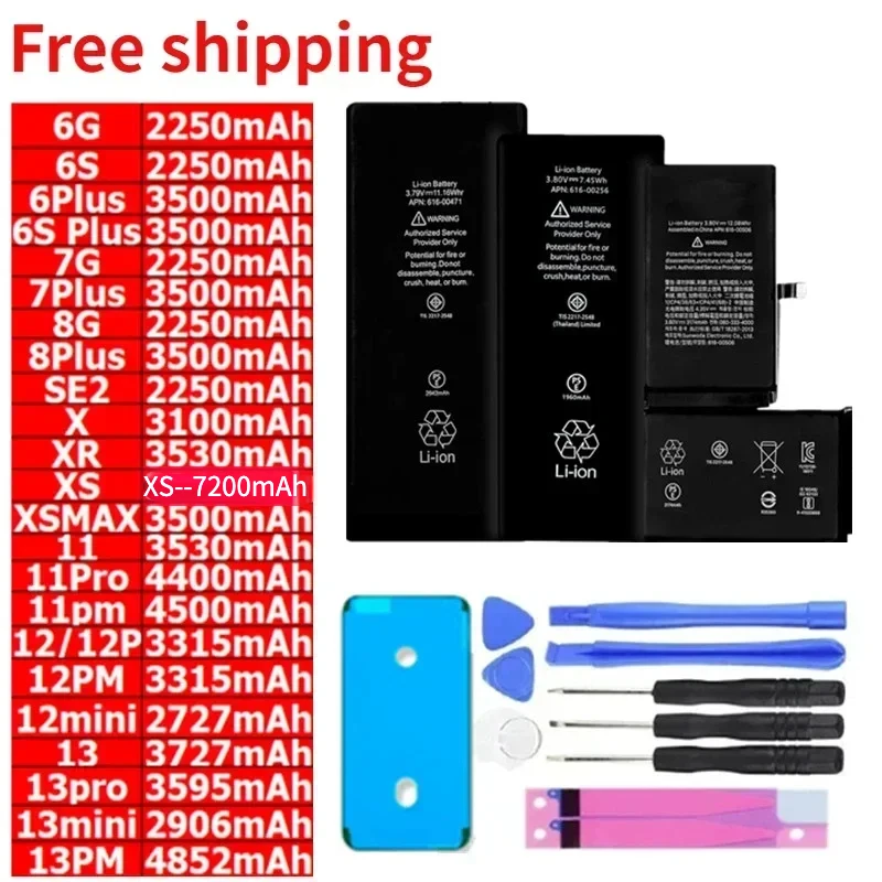 High Capacity Rechargeable Battery  for Apple Iphone XR X Xs 11 12 13 Pro Max Mini SE2 Bateria for Iphone 6 6s 7 8 8plus Battery